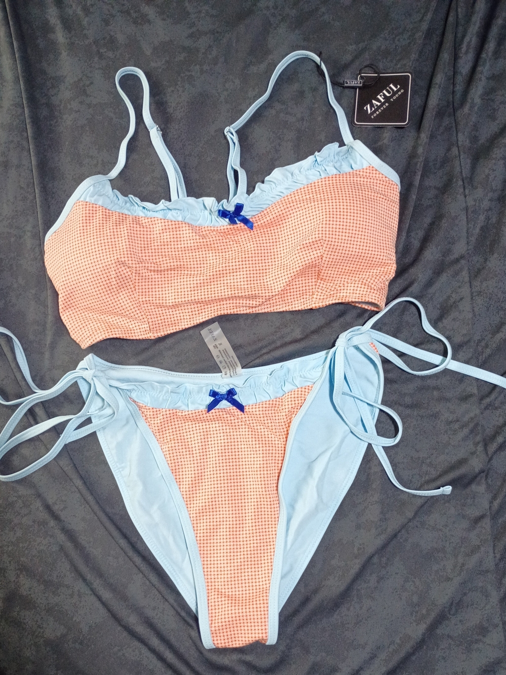 Zaful Girls Orange Gingham Bikini with Light Blue Trim Sz XL